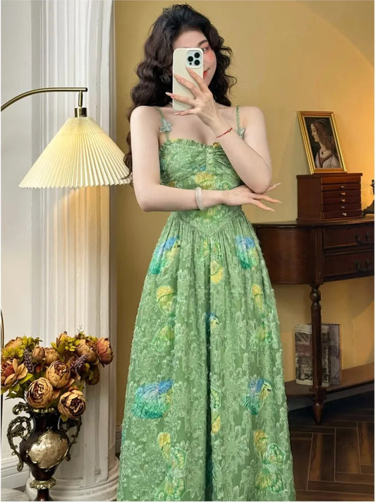 Summer New Floral Printed Spaghetti Strap Midi Dleevees for Women High Waist Holiday Style Korean Fashion One Piece Vestido