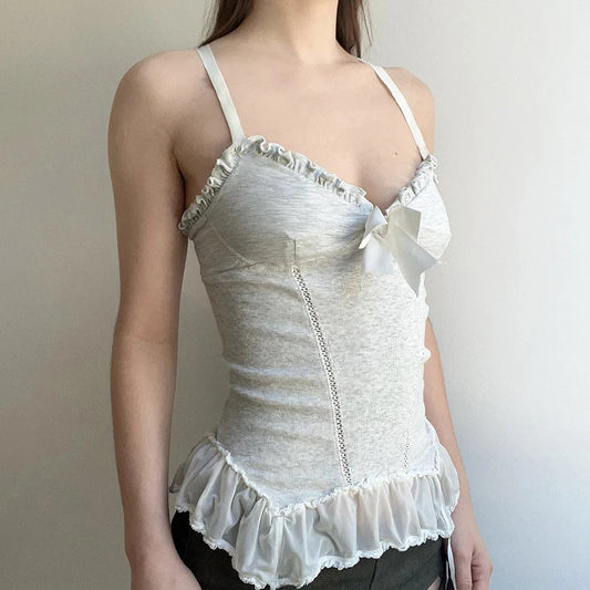 Voguable Y2K Lace Ruffles Crop Top Coquette Aesthetic Bow Milkmaid Corset Cute Japanese Lolita Style Camis Fairy Vest