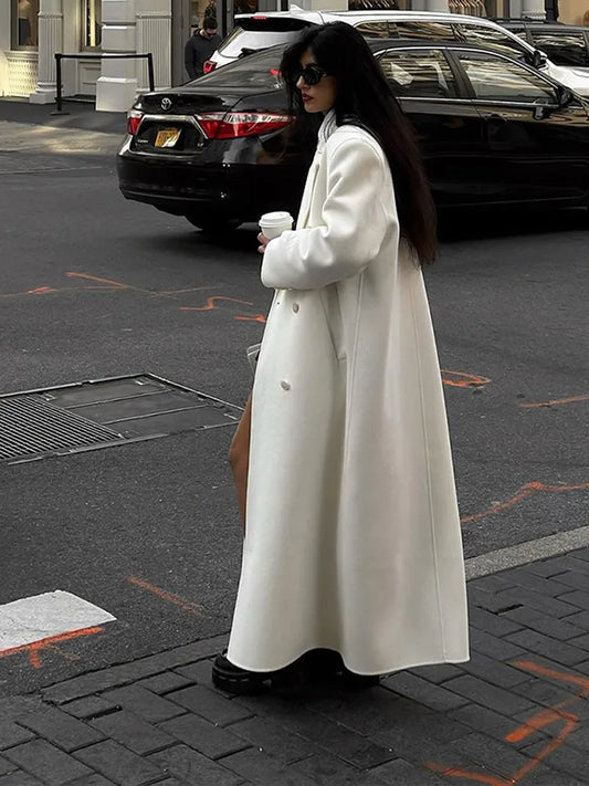 Fashion Oversize Lapel Extra Long Woolen Overcoat Women's Double Breasted Solid Cropped Overgarment Lady Commute Streetwear