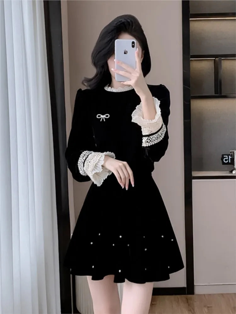 Autumn Elegant Velvet Two-piece Skirt Set Women Long Sleeve Lace Patchwork Crop Top Mini Skirt Korean Fashion Y2K Chic Outfits