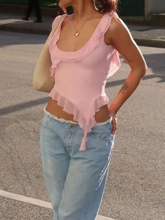 Ruffled Backless O-Neck Crop Top