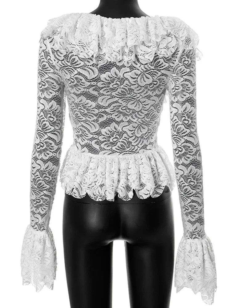 Splice Lace Square Collar See-through Top For Women Fashion Slim Sexy Flare Long Sleeve White T-Shirt Female Pullover New