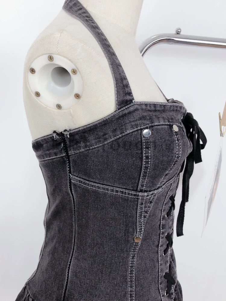 Voguable Aesthetic Vintage Loose Slash Neck Dress Elegant Slim Sleeveless Dresses FeY2k Lace Up Clothes Streetwear