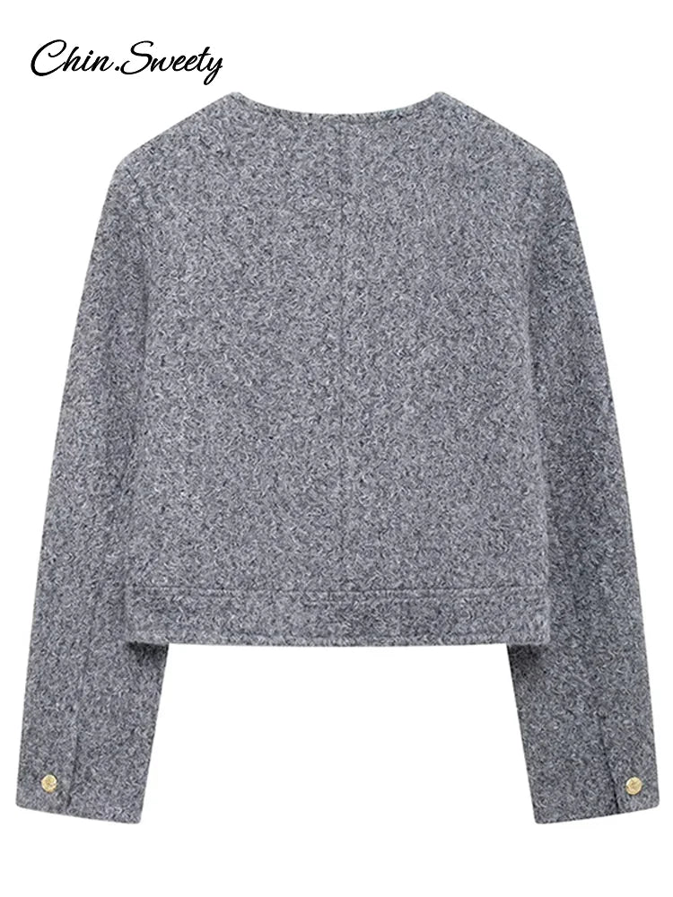 Elegant Woolen Blends Coat For Women O-neck Metal Button Gray Long Sleeve Pockets Jackets Autumn Lady High Street Outwear