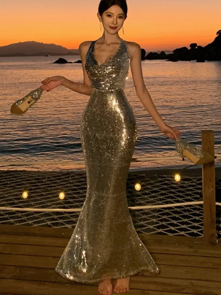 Sexy Bodycon Sequined Prom Robe V-neck Backless Sleeveless Evening Party Dress Wedding Slim Mermaid Long Dresses for Women New