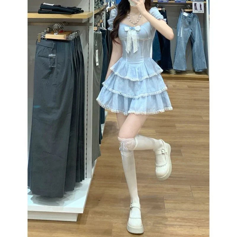 Voguable Sweet Kawaii Blue Plaid Dress Woman Lolita Lace Y2k Mini Dress Short Party Elegant One Piece Dress Korean Fashion