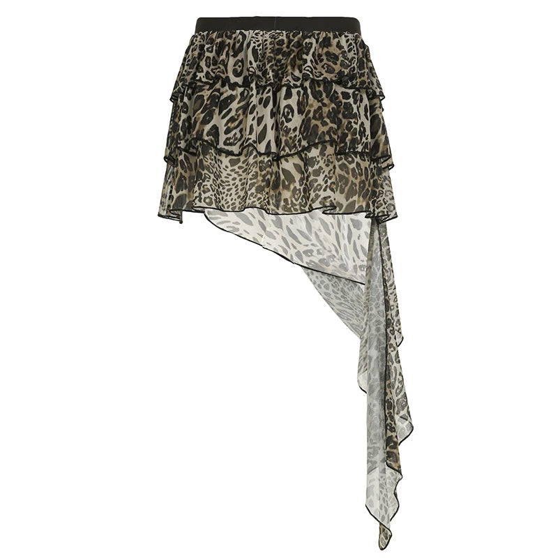 Hotsweet Irregular Tiered Cake Skirt Women Y2k Chic Leopard Print Gyaru Design Mini Skirt s New