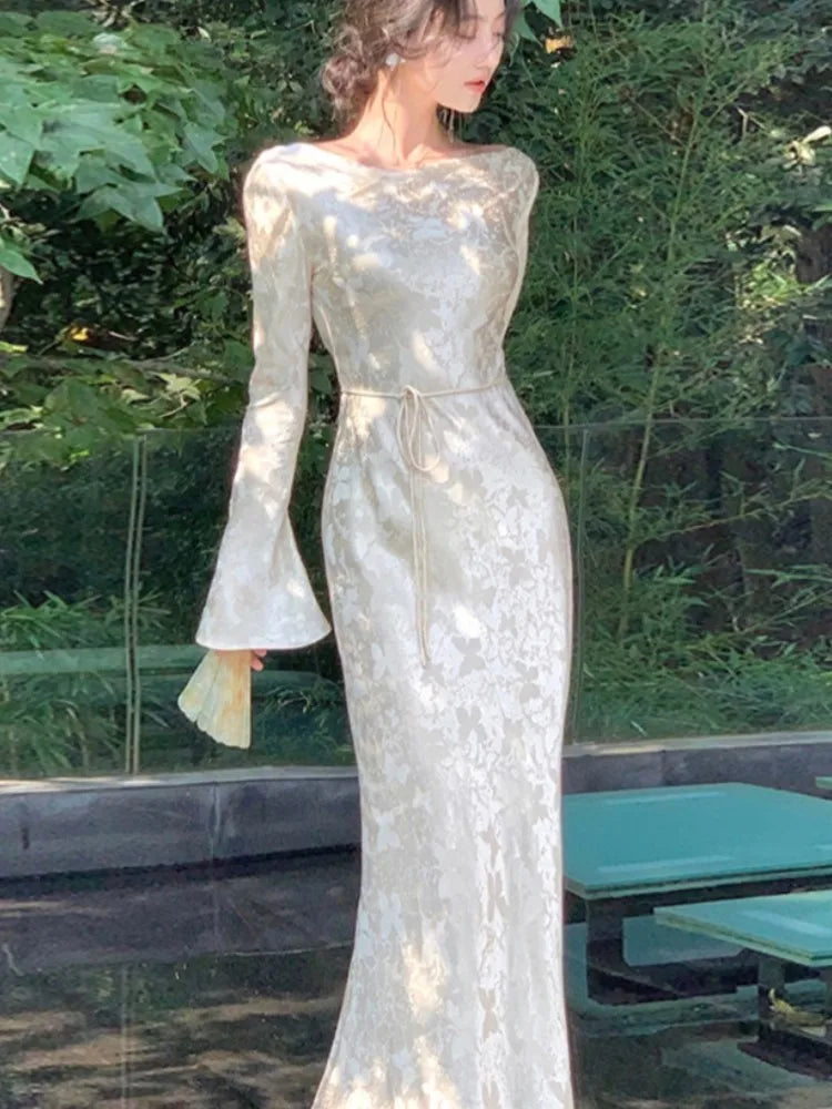 French Vintage Bodycon Evening Dresses for Women Autumn Wedding Prom Robe Flare Sleeve Swinging Collar Midi Vestidos Mujer New