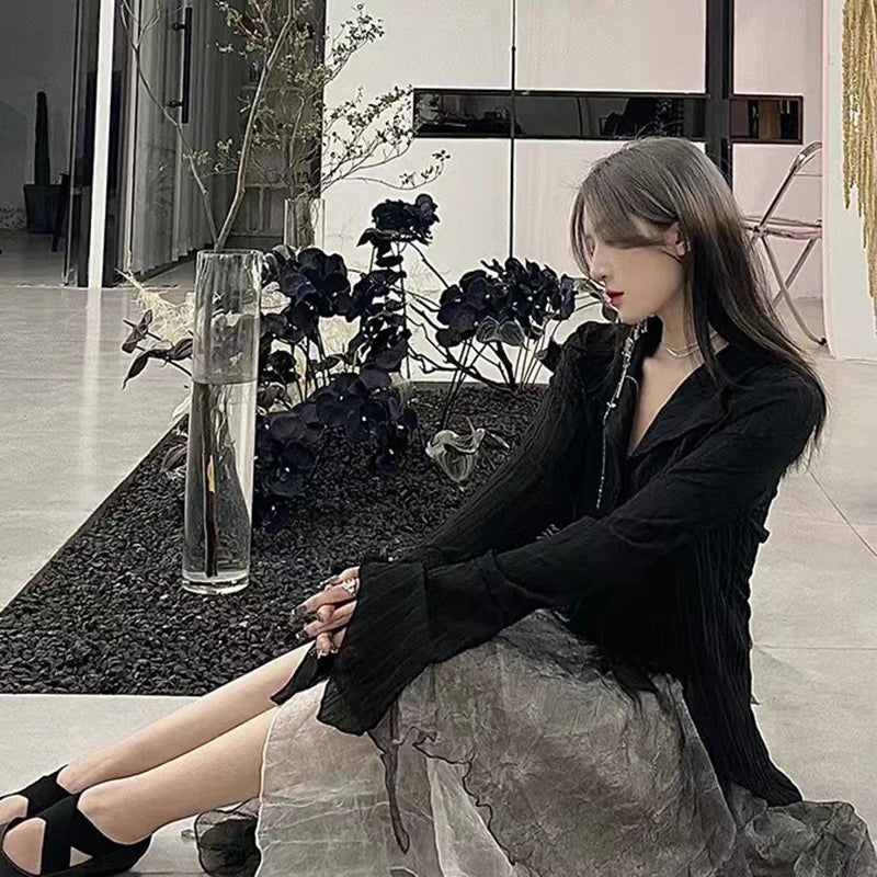 Voguable Gothic Harajuku Black Shirt Vintage Long Sleeve Y2K Blouse Casual American Retro Irregular V Neck Loose Tops Spring