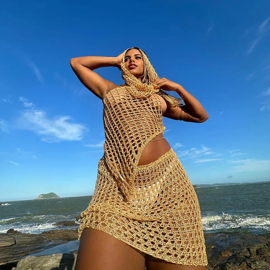 Hollow Out Knit Sequin Hooded Mini Crochet Two Piece Skirt Set