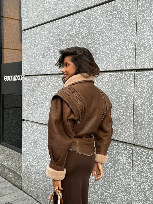 Fashion Warm Furry Leather Woman Jacket With Belt Chic Lapel Long Sleeve Motorcycle Coat Lady 2024 Winter High Street Outerwear