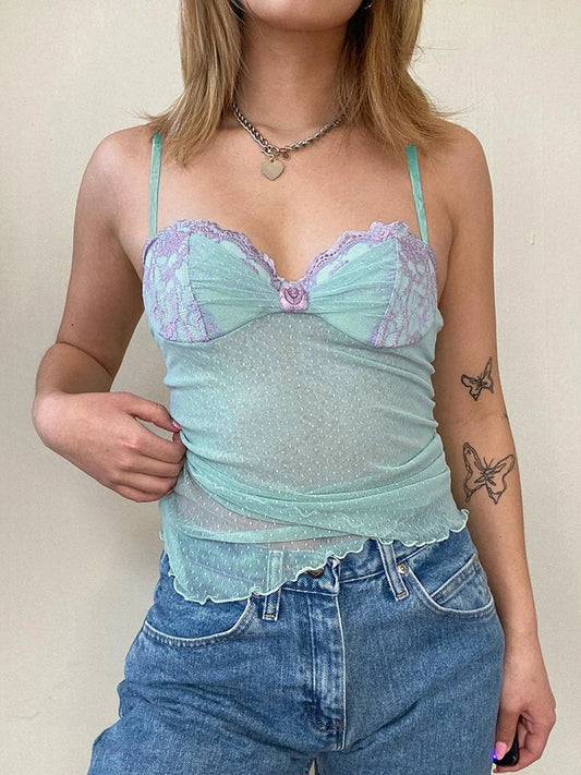 Voguable Dot Print Lace Corset Flower Appliques Milkmaid See Through Crop Top Y2K Camis Transparent Aesthetic Tanks