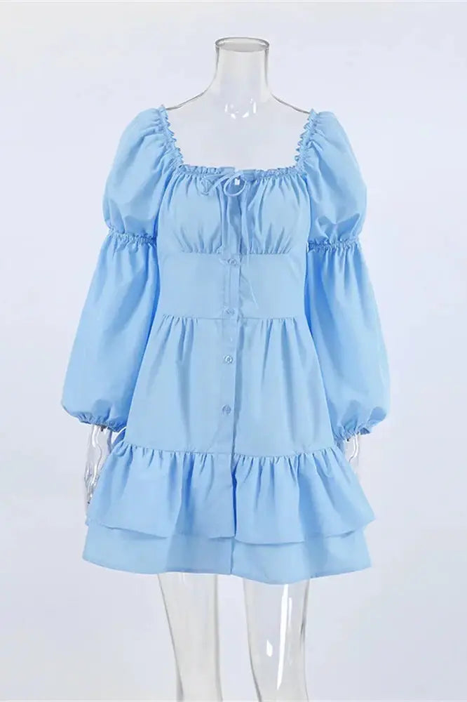 Patchwork Ruffled Mini Dress with Lace-Up Detail