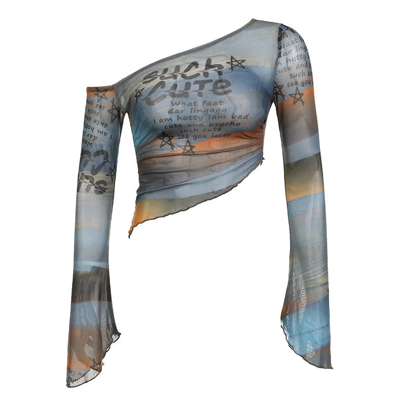 Colour Letter Print Fabric Skew Collar Asymmetric Women Top Tees Flared Sleeve Design Chic Slim Personality Blouses