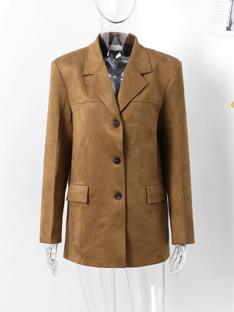 Women Suede Jackets Loose Lapel Single Breasted Long Sleeves Pockets Blazer Coats Female Autumn Fashion New in Outwear