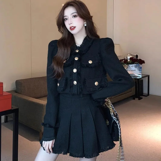 Elegant Tweed Suit 2-piece Skirt Set Autumn Winter New French Style Cropped Jacket Coat Mini Skirt Korean Fashion Female Outfits