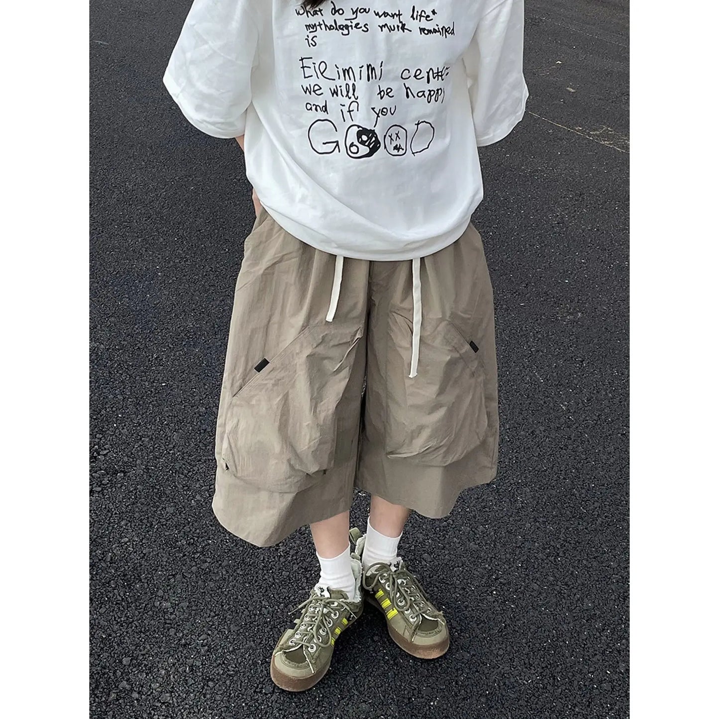 shorts American retro large pocket workwear quick-drying casual loose thin section knee-high trend y2k tops emo