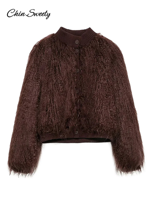 Fashion Burgundy Fur Coats Women Warm Thick O-neck Long Sleeve Loose Jackets Female 2025 Autumn Winter Party Outwear