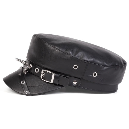 Unisex Punk Retro Military Rivet Buckle Leather Flat Top Beret Hat