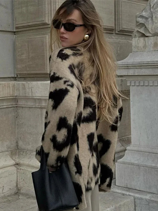 Retro Knitted Leopard Cardigan Women Casual V-neck Soft Open Sweaters Female Autumn Versatile Elegant High Street Knitwear