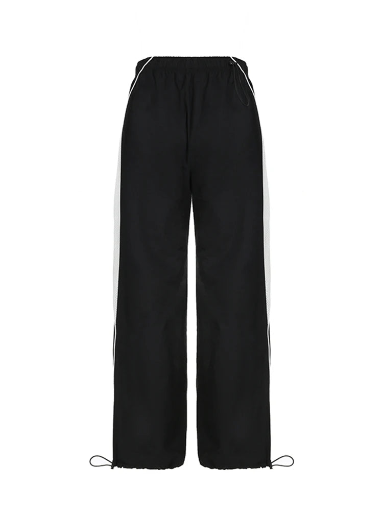 American Retro Casual Straight Leg Track Pants Women Side Contrast Patchwork Elastic Waist Hippie Jogging Trousers
