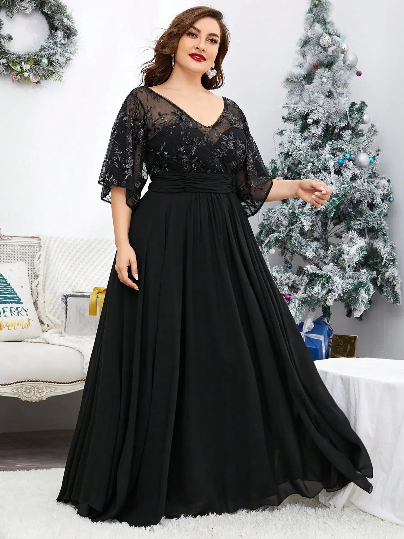 plus sizeV-neck sequin embroidered See-through large trumpet sleeve patchwork chiffon full skirt Evening gown Ball dress