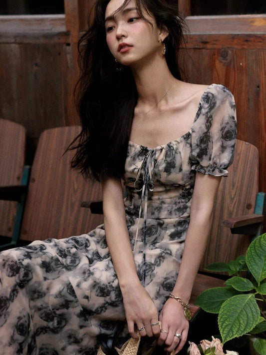 French Vintage Floral Printed Midi Dresses for Women Summer Puff Sleeve Square Collar Slim Party Dress Casual One Piece Vestido