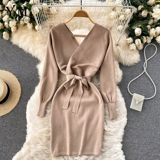 Y2K Casual Vestidos Dress Winter Bodycon Knitted Sweater Dress Elegant Office Ladies Dress