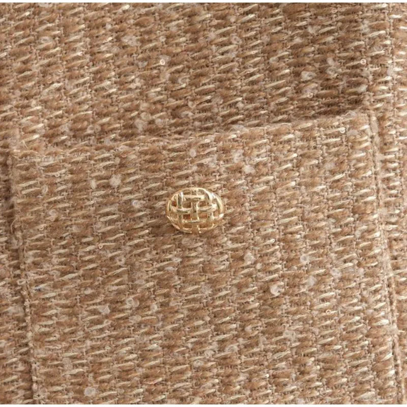 Fashion O-neck Pockets Short Coats For Women Autumn Long Sleeve Single Breasted Tweed Jacket New Chic Cropped Coats Female