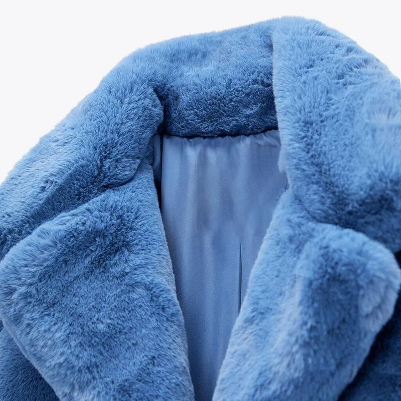 Ins Chic Street Fashion Girls Blue Cropped Plush Fur Coat Women Winter New Trend Faux Rabbit Fur Jacket Coats Short Outwear
