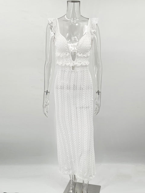 Knit V-Neck Fashion Maxi Dress Women’s Slim High Waist See-Through Patchwork Bandage Backless Dress Female Knitwear Dress