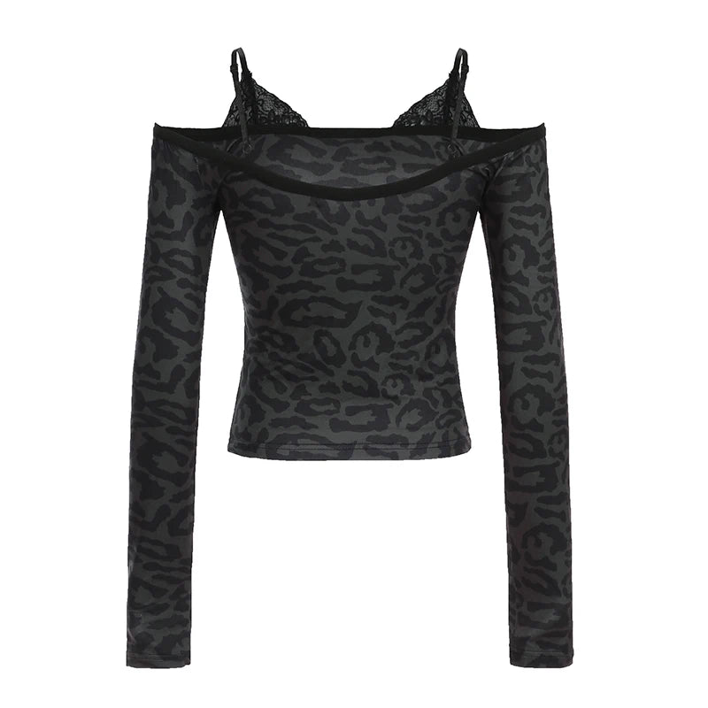 Slim Leopard Lace Halter Tops Fake Two Piece Top Off Shoulder Women Sexy Y2k Hotsweet Long Sleeve Top Autumn New