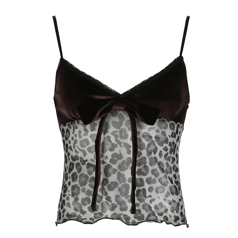 Bow Lace Up Leopard Halter Tops Sexy Y2k Velvet Lace Trim V-Neck Camisole Hotsweet Chic s Clothing Streetwear