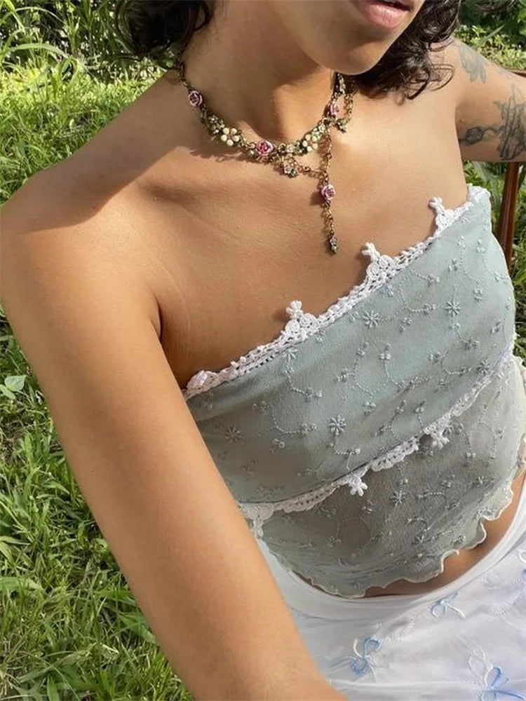 FashionSierra - 2025 Mesh Patchwork Y2K Retro Tube Cropped Clubwear Summer Sexy See Through Strapless Tank Mini Vest Crop Tops