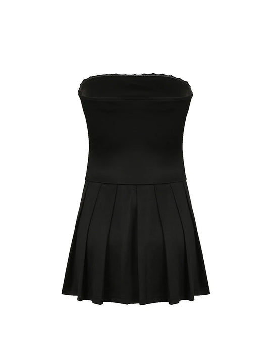 Korean Fashion Contrast Tie Bow Strapless A Line Pleated Dress Women Cute Sweet Kawaii Clothing