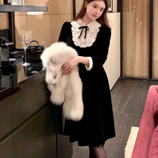 French Vintage Princess Evening Party Dresses Women Lace Patchwork Velvet Mini Dress A-line Korean Fashion Autumn Vestidos Mujer