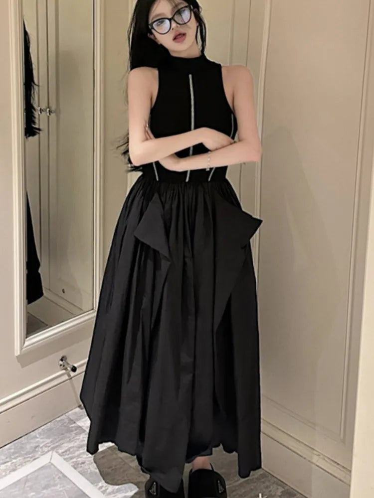 Casual Black Knitted Dresses for Women Sleeveless Vest Dress A-line Casual Korean Fashion Half High Collar Autumn New Vestido