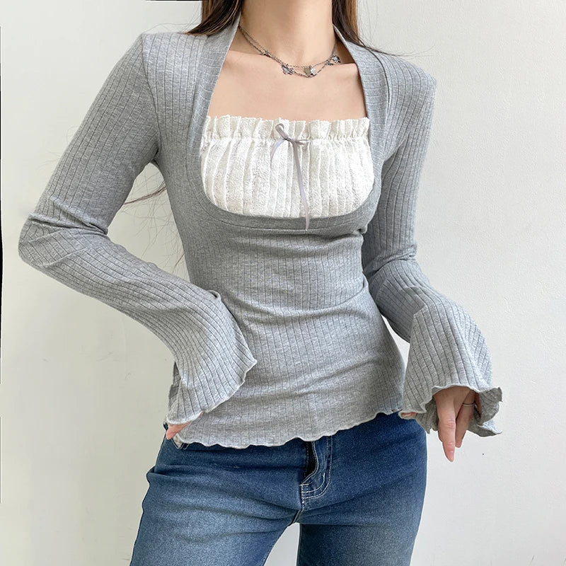 Voguable y2k Lace Patchwork Fake Two Piece T-shirt Fairycore Flare Long Sleeve Tops Casual Kawaii Clothes Korean Shirt