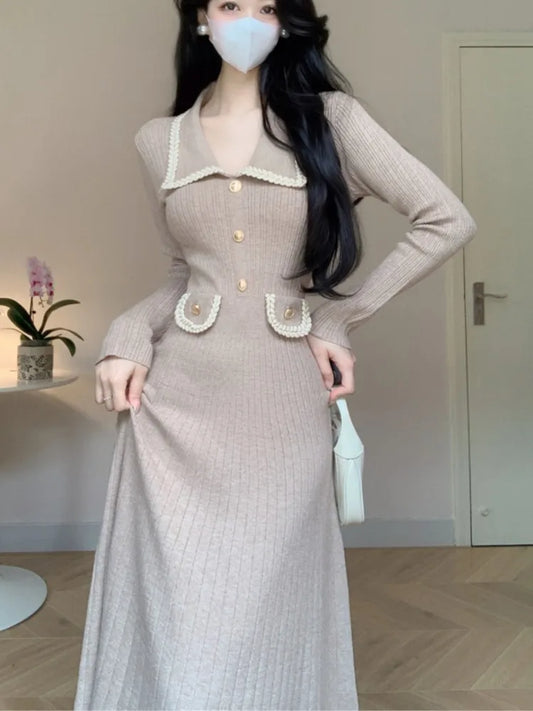 Autumn Winter Knitted Dresses for Women Turn-down Collar Korean Fashion A-line Casual Solid Dress Slim Vestidos Mujer New