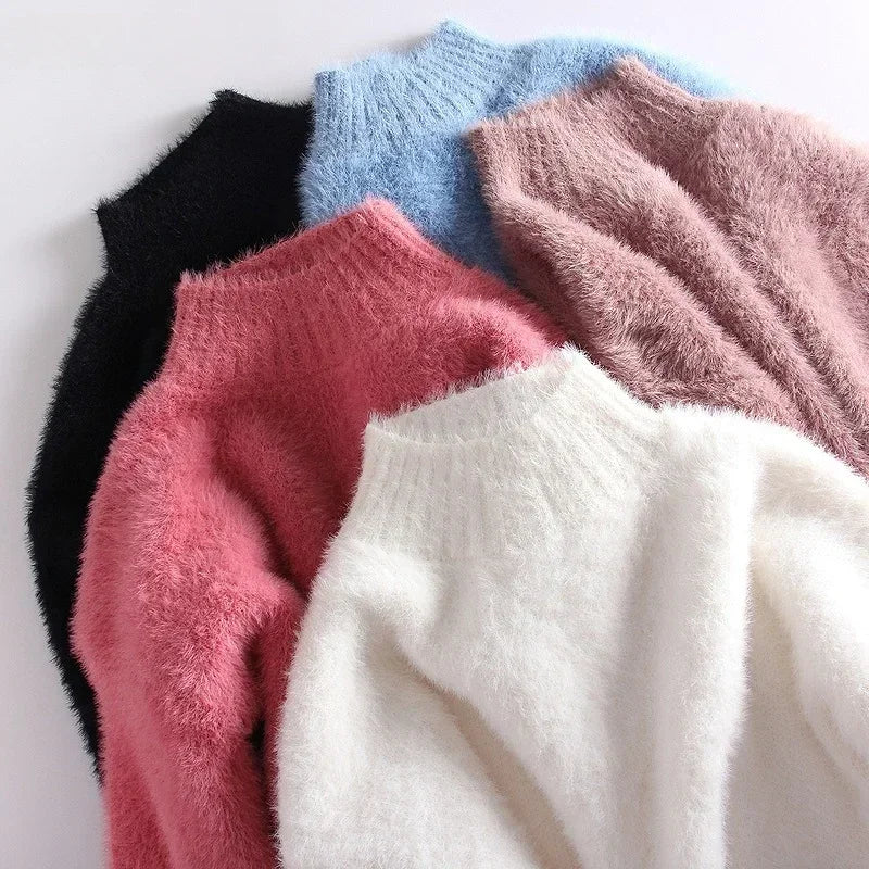 Winter Mink Faux Cashmere Thick Sweater Women Jumper White Pull Femme Loose Pullover Knitted Fluffy Sweaters For Women Winter