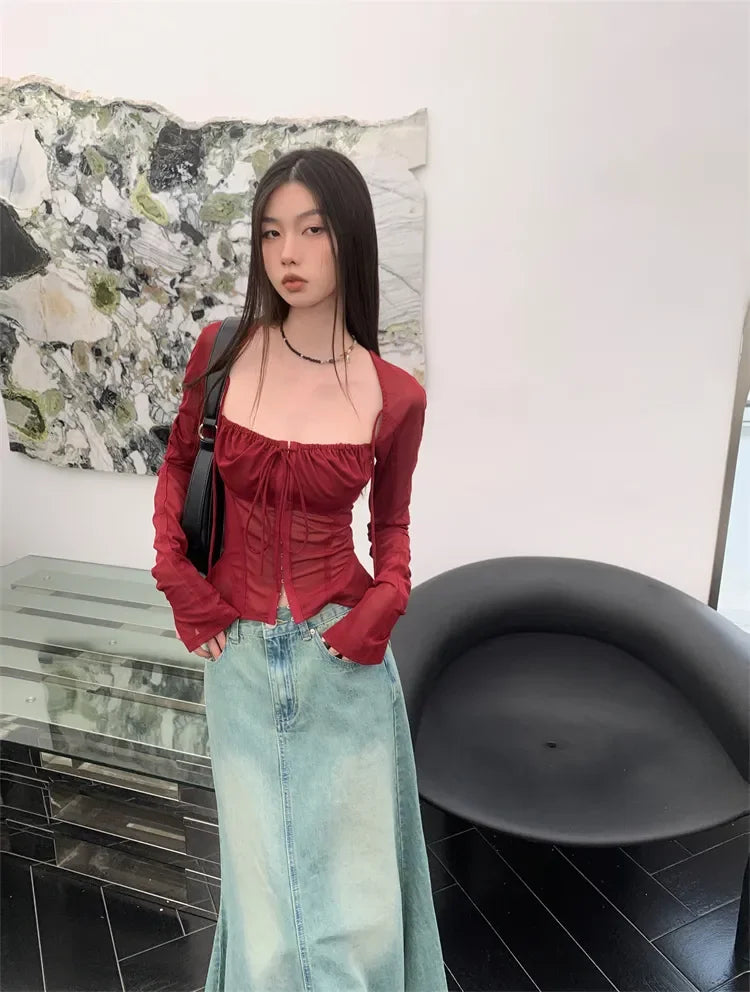 Voguable Burgundy Mesh Tops Long Sleeve Lace Up Square Collar T Shirt Crop Top Grunge Y2k Chic Tops Streetwear