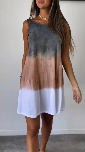 Gradient Tie Dye Print Mini Dresses Women 2025 Summer New Fashion Loose O Neck Sleeveless Dress Trendy Streetwear Lady Vestidos