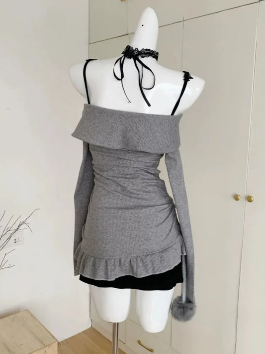 Y2K Lace Two-piece Set Mini Dresses for Women Spaghetti Strap Knitted Underdress Korean Fashion Sexy Party Dress Female Vestidos