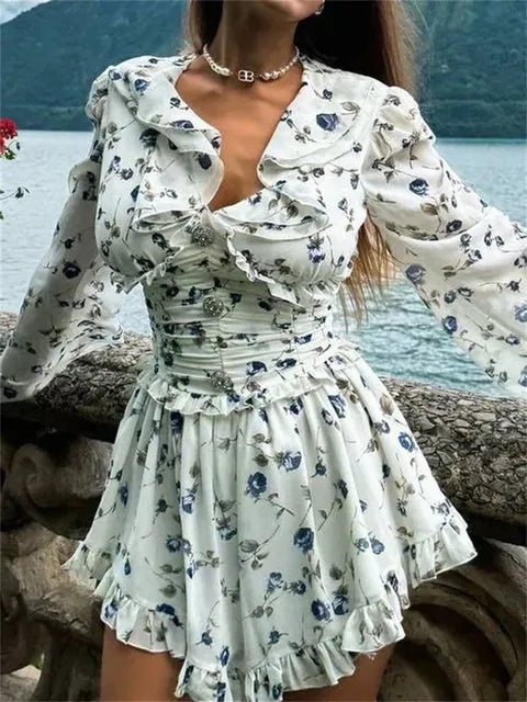 Ruffled V-Neck Printed Mini Dress Female Bandage Autumn Fashion Lace-Up Contrast Drawstring Dress For Women Party Dress