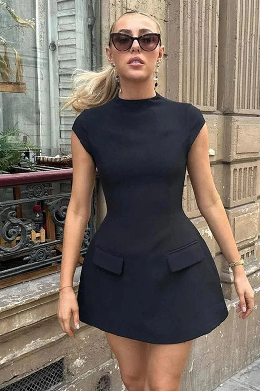 Short Sleeve Mini Dress with O-Neck and High Waist