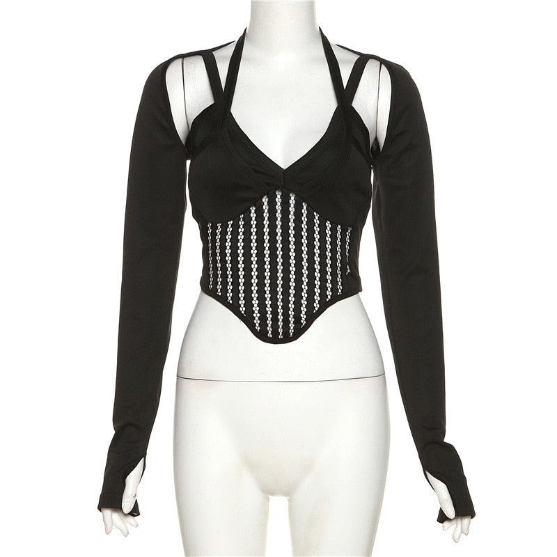 Halter Crop Top Long Sleeve Cut Out T Shirt Y2k V Neck T Shirts Crop Cami Top Bustier Corset Tank Camisole Tops