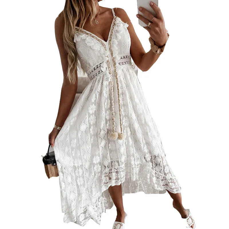 ummer New Lace Sling V-neck Floral Dress