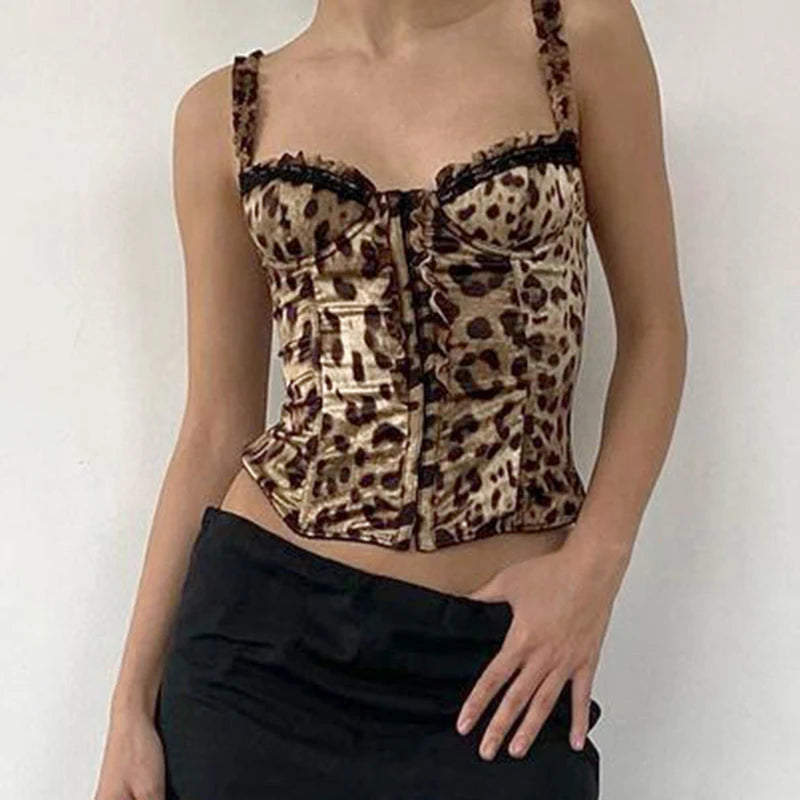 Y2K Leopard Print Square Collar Tank Top Lace Patchwork Lettuce Trim Hook Crop Tops Vintage Lady Fashion Streetwear