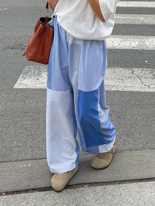 Grunge Aesthic Color Block Blue Stripe Baggy Trousers For Women Elastic Waist Loose Casual Woven Pants Lazy Homewear