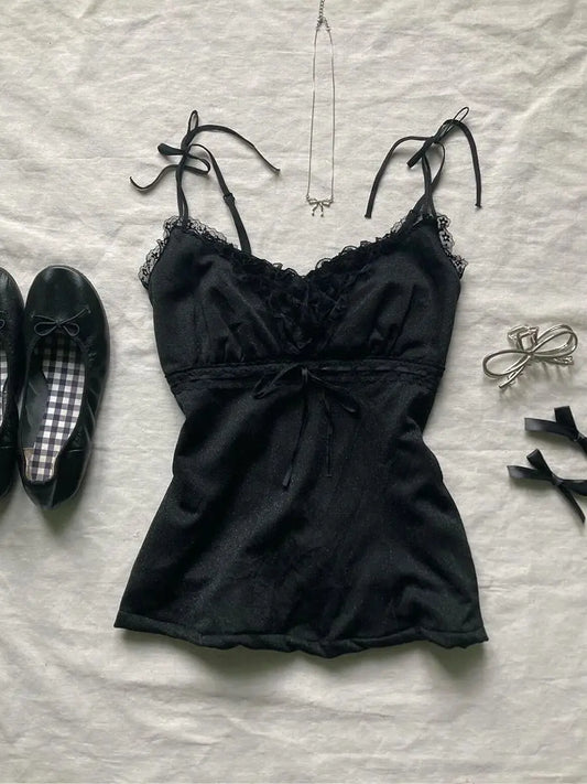 Gothic Crop Top Punk Vintage Clothes Lace Sling Hotsweet Girl 2000s Camis Bow Aesthetic Y2k Tank Corset Topss